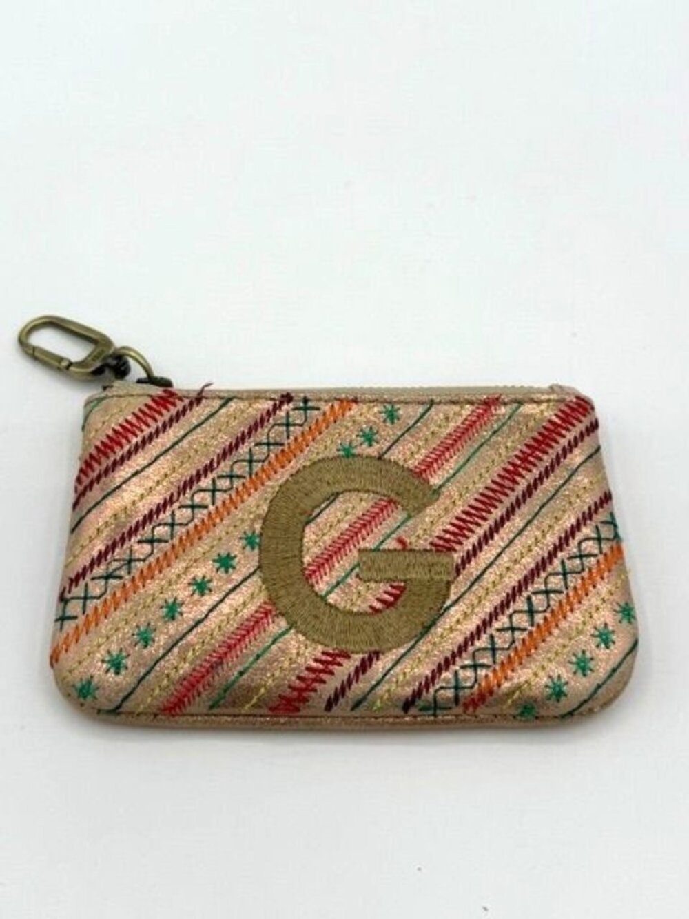 HOBO Leather Coin Purse Keychain Metallic Embroidered G Monogram Zip Pouch